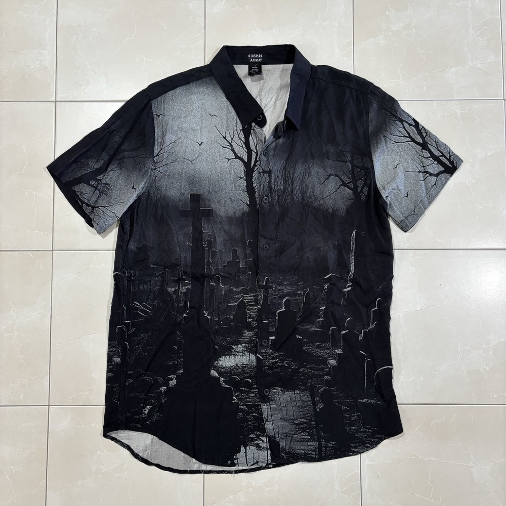 Cosmic Aura Button Shirt Men's L Cemetery Grunge Death Punk Skater Emo Y2K Mall